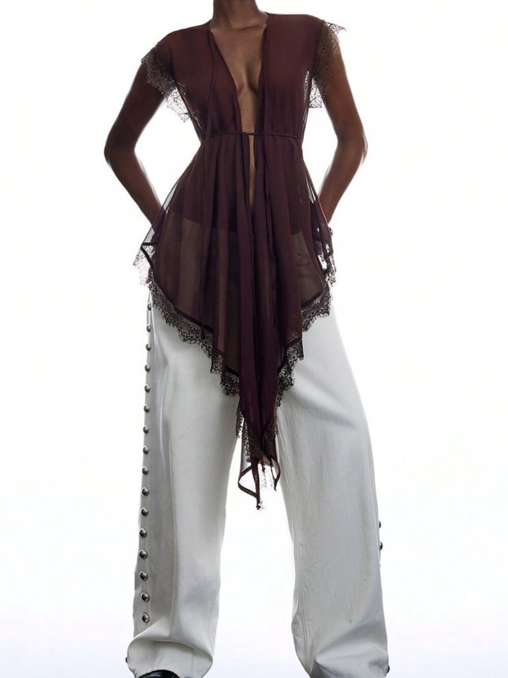Coffee Brown Sexy Women's Lace Embroidered Tie-Up Asymmetrical Sheer Blouse - Picture 4 of 9